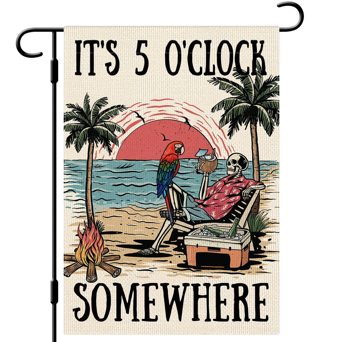 Dlzdn Summer Skeleton Garden Flag front view with vibrant double-sided print for outdoor decor.