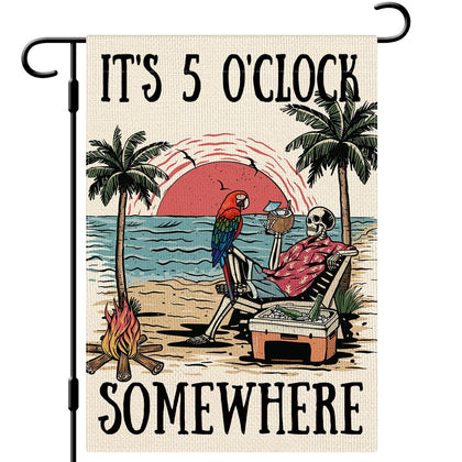 Dlzdn Summer Skeleton Garden Flag front view with vibrant double-sided print for outdoor decor.