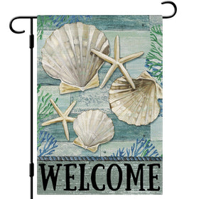 Dlzdn Summer Starfish Shells flag front view with vibrant coastal design for outdoor curb appeal.