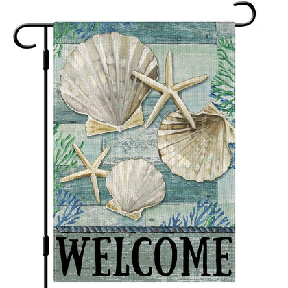 Dlzdn Summer Starfish Shells flag front view with vibrant coastal design for outdoor curb appeal.