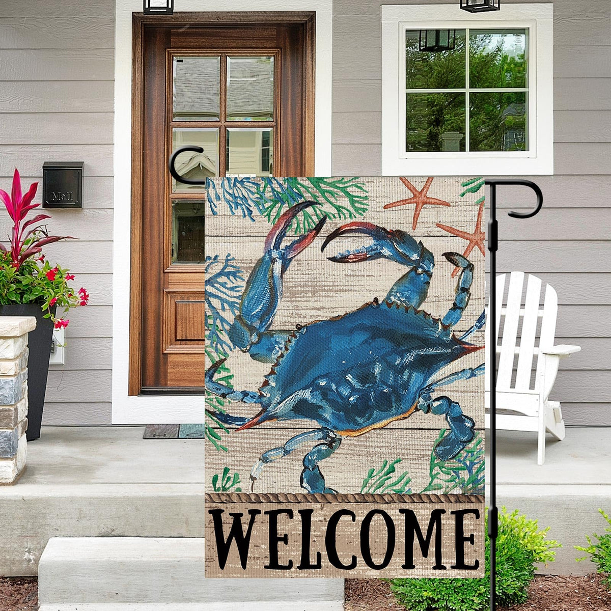 Dlzdn welcome coastal crab garden flag back view readable from both sides