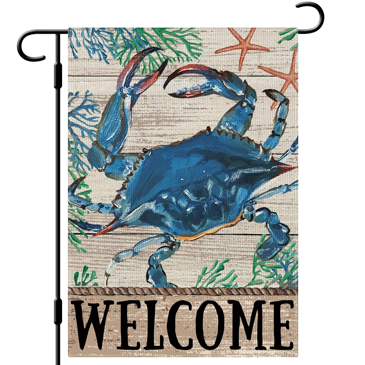 Dlzdn welcome coastal crab garden flag front view showing bright nautical design for outdoor decor