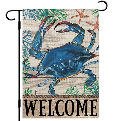 Dlzdn welcome coastal crab garden flag front view showing bright nautical design for outdoor decor