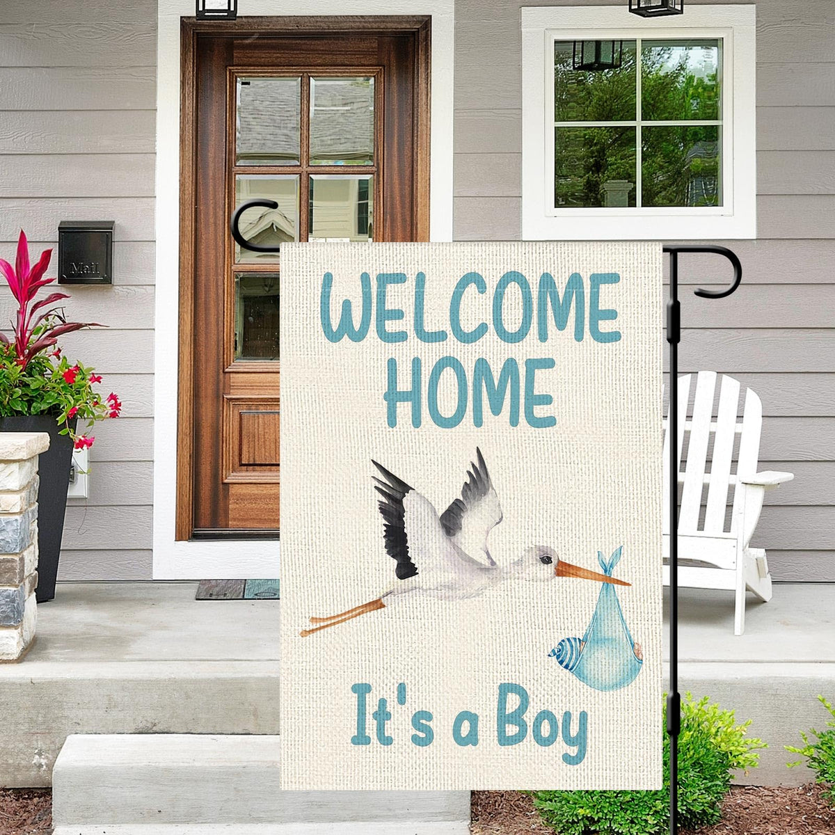 Dlzdn Welcome Home Baby Boy flag, back view with double-sided print.