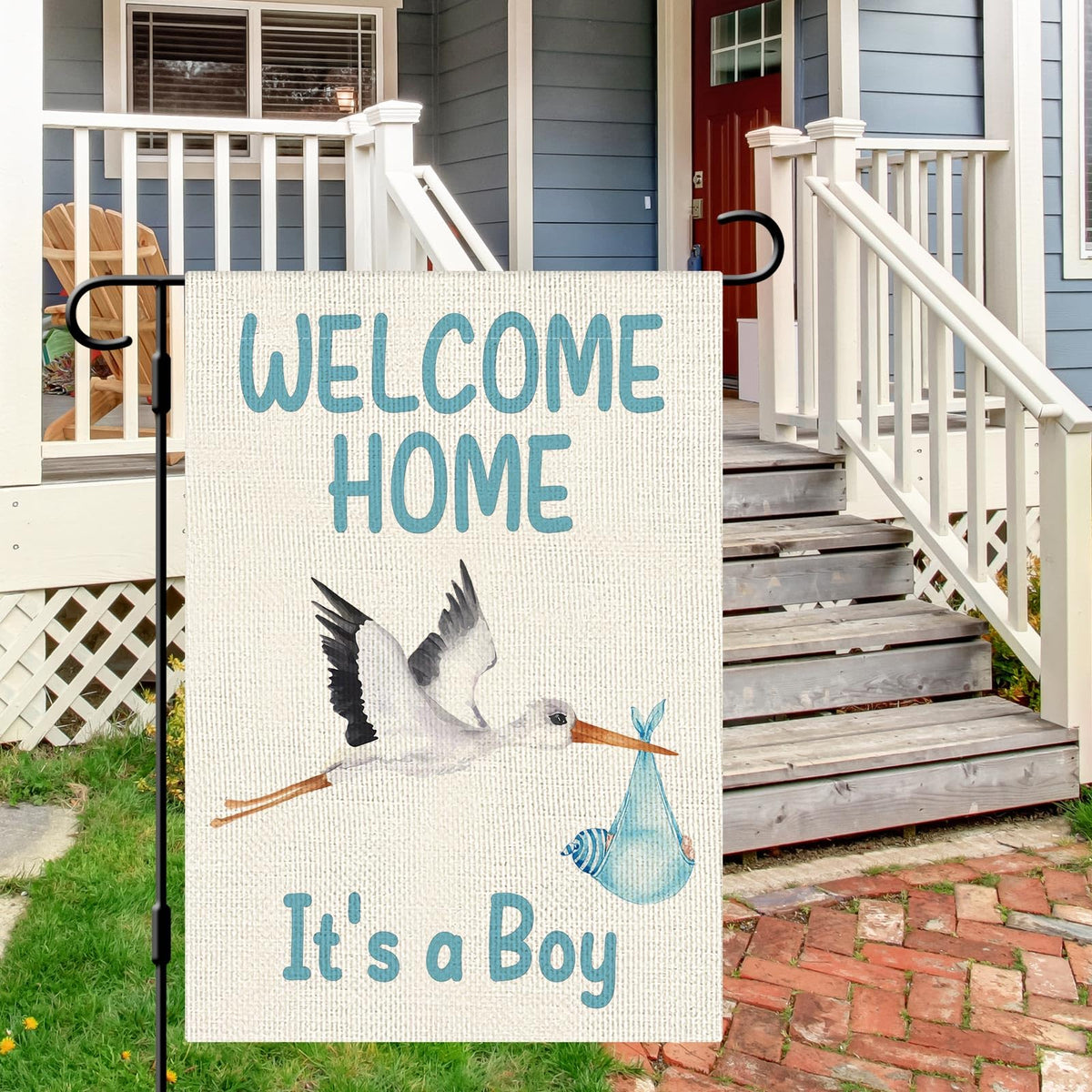 Dlzdn Welcome Home Baby Boy flag close-up on durable polyester.