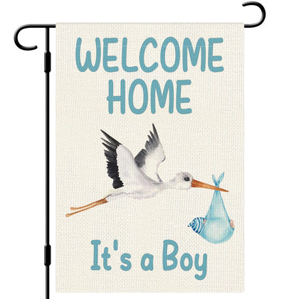 Dlzdn Welcome Home Baby Boy flag, front view for outdoor welcome.