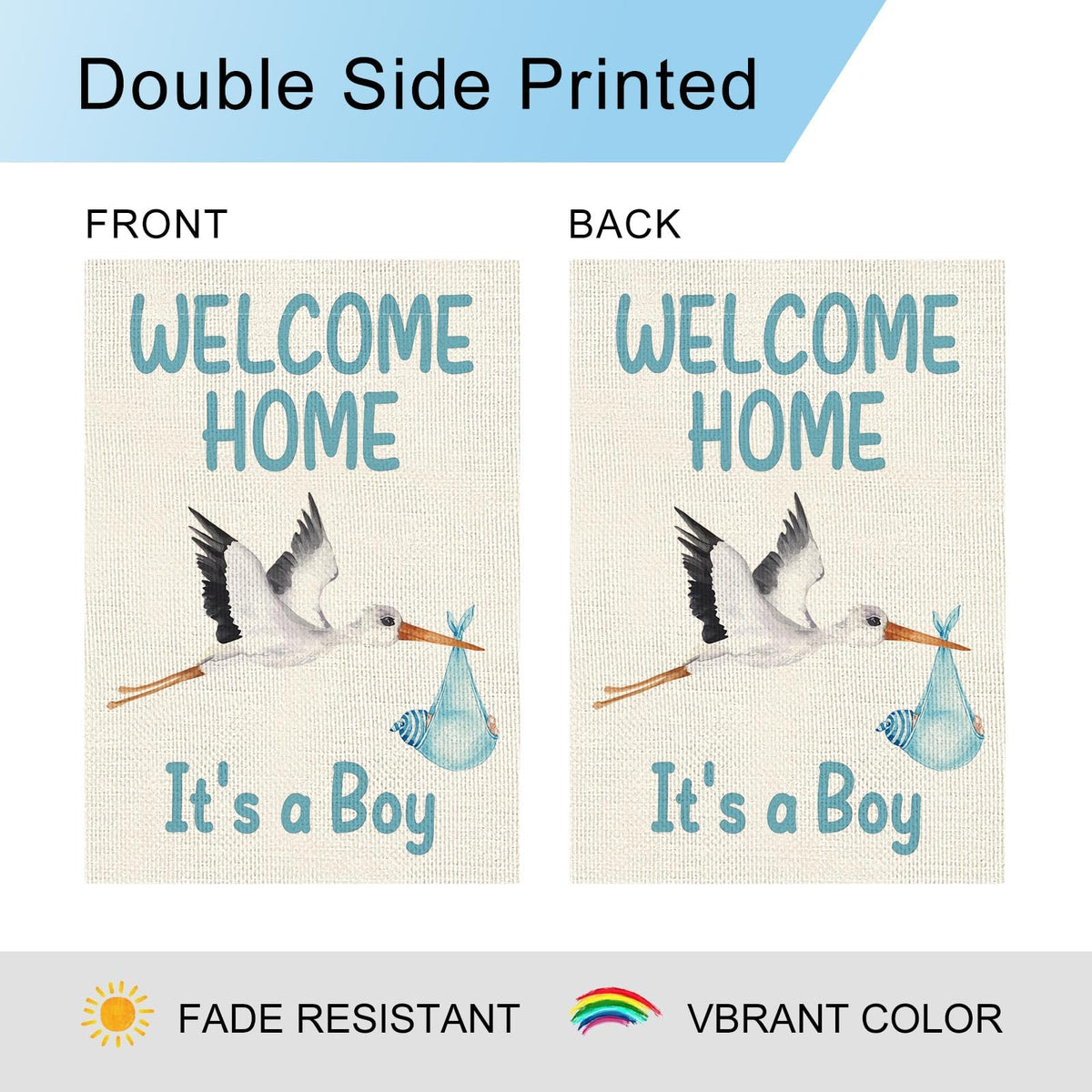 Dlzdn Welcome Home Baby Boy flag in garden decor.