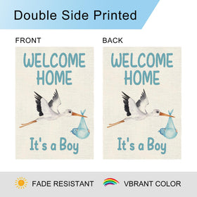 Dlzdn Welcome Home Baby Boy flag in garden decor.