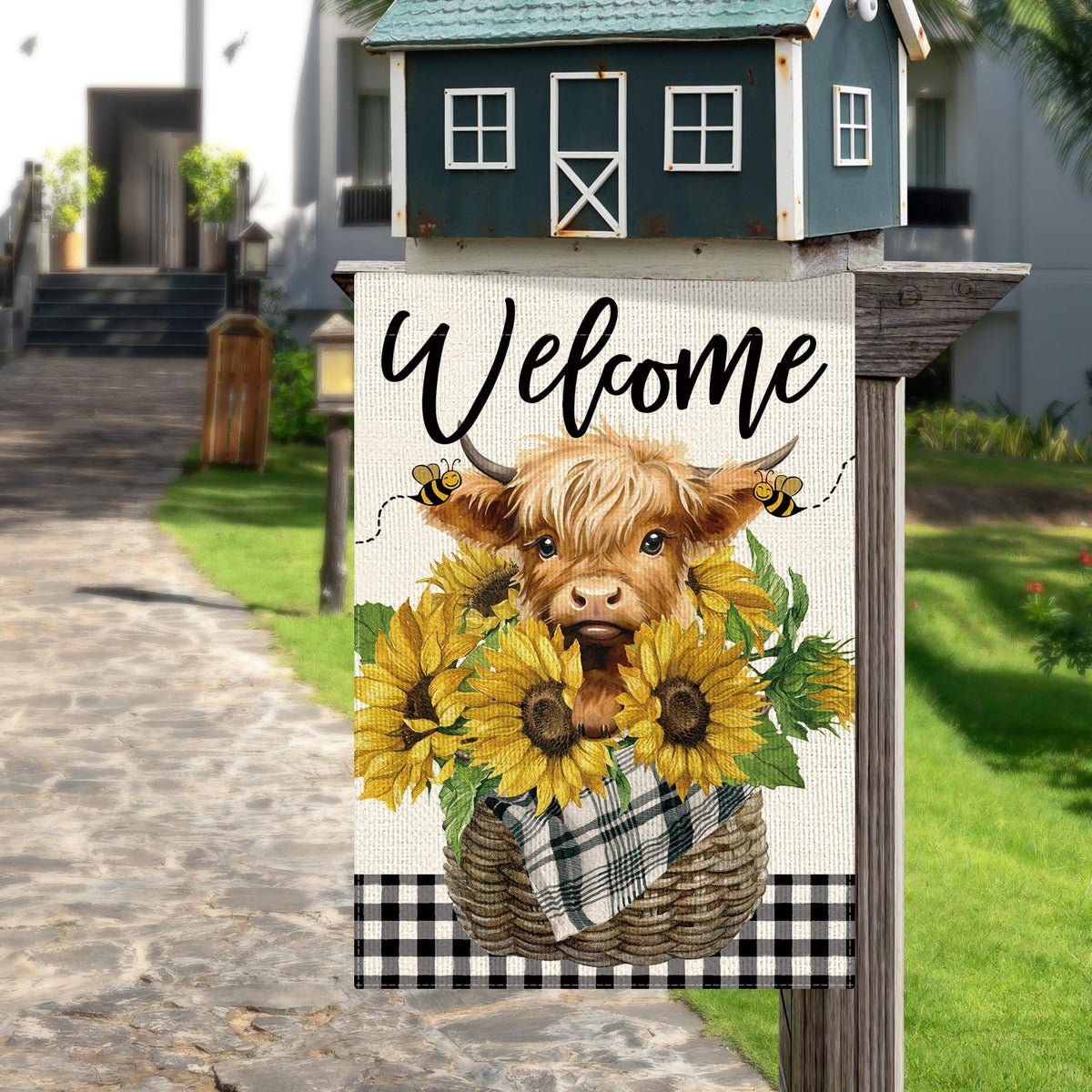 Dlzdn flag showing buffalo plaid pattern to suit farmhouse yard style.
