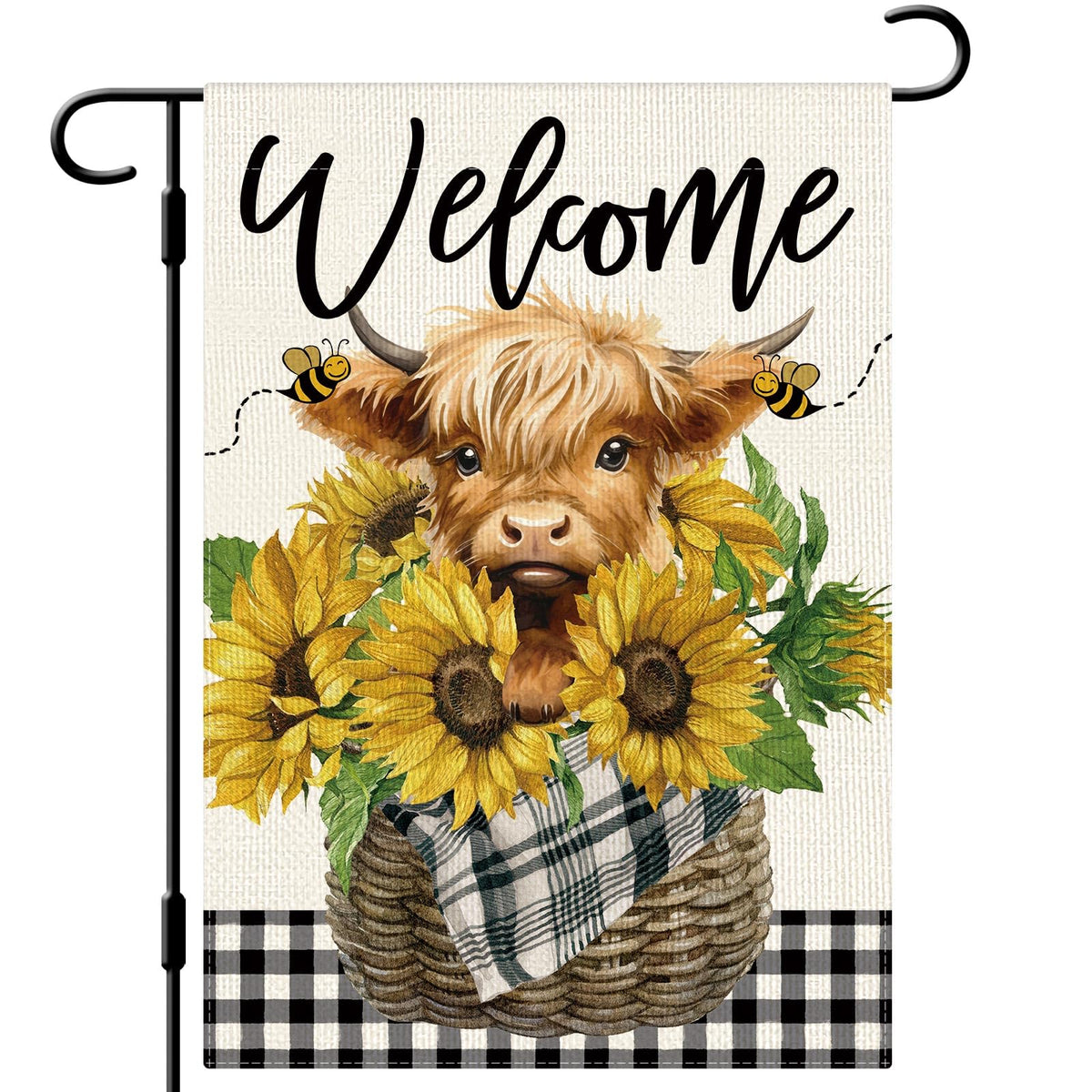 Dlzdn Welcome Summer flag front view with bright sunflowers and Highland cow for porch decor.