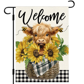 Dlzdn Welcome Summer flag front view with bright sunflowers and Highland cow for porch decor.