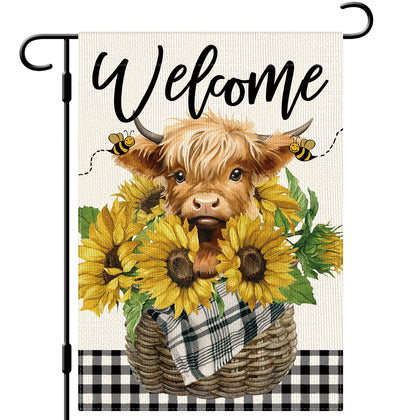 Dlzdn Welcome Summer flag front view with bright sunflowers and Highland cow for porch decor.