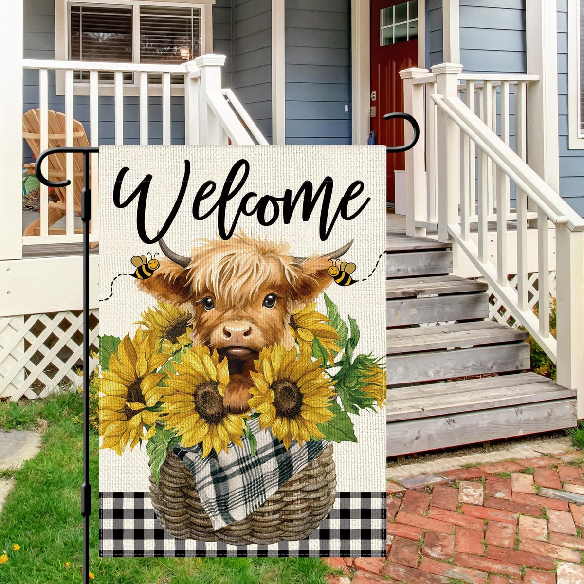 Dlzdn flag featuring Highland cow detail for charming garden accent.
