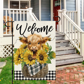 Dlzdn flag featuring Highland cow detail for charming garden accent.