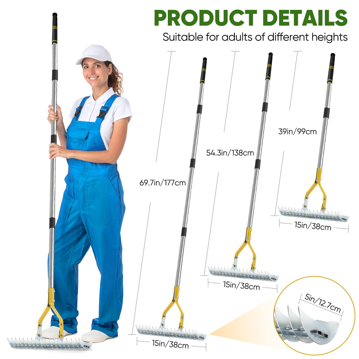 DMHMXZ Thatch Rake features a 17-inch wide head for efficient dethatching.