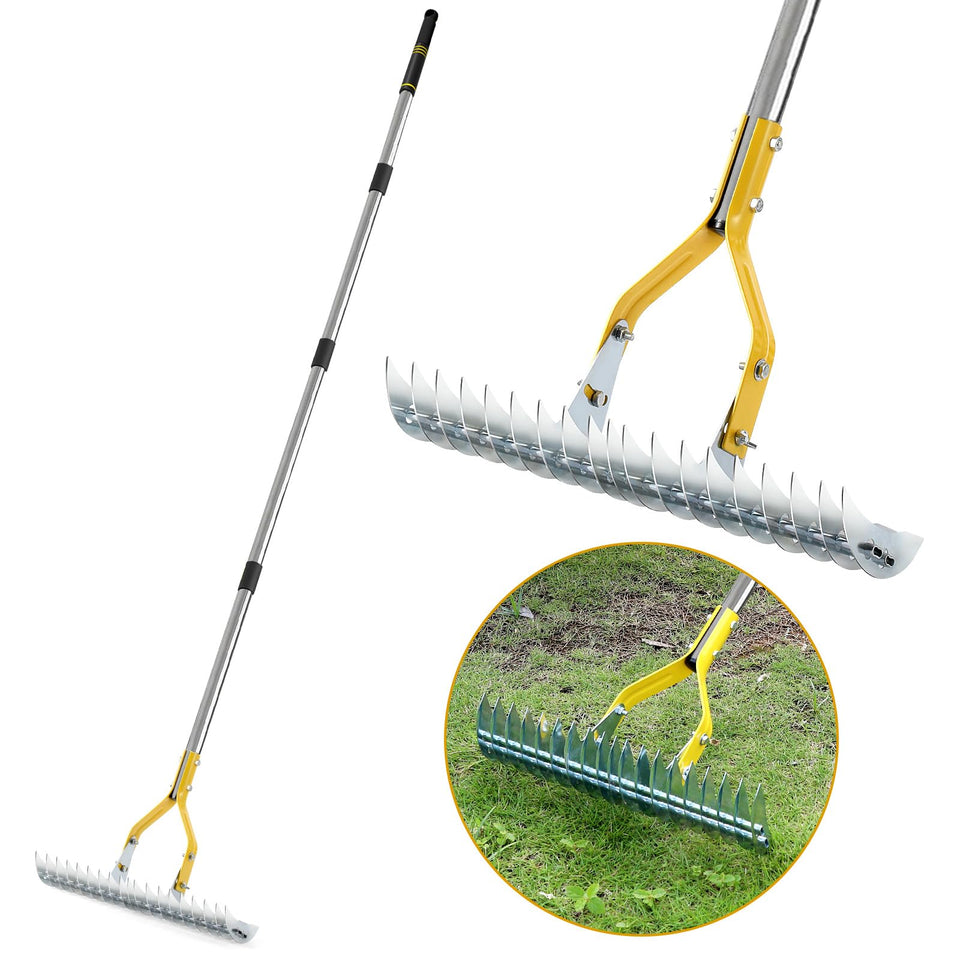 DMHMXZ Thatch Rake with 19 curved tines for deep debris removal in lawns.