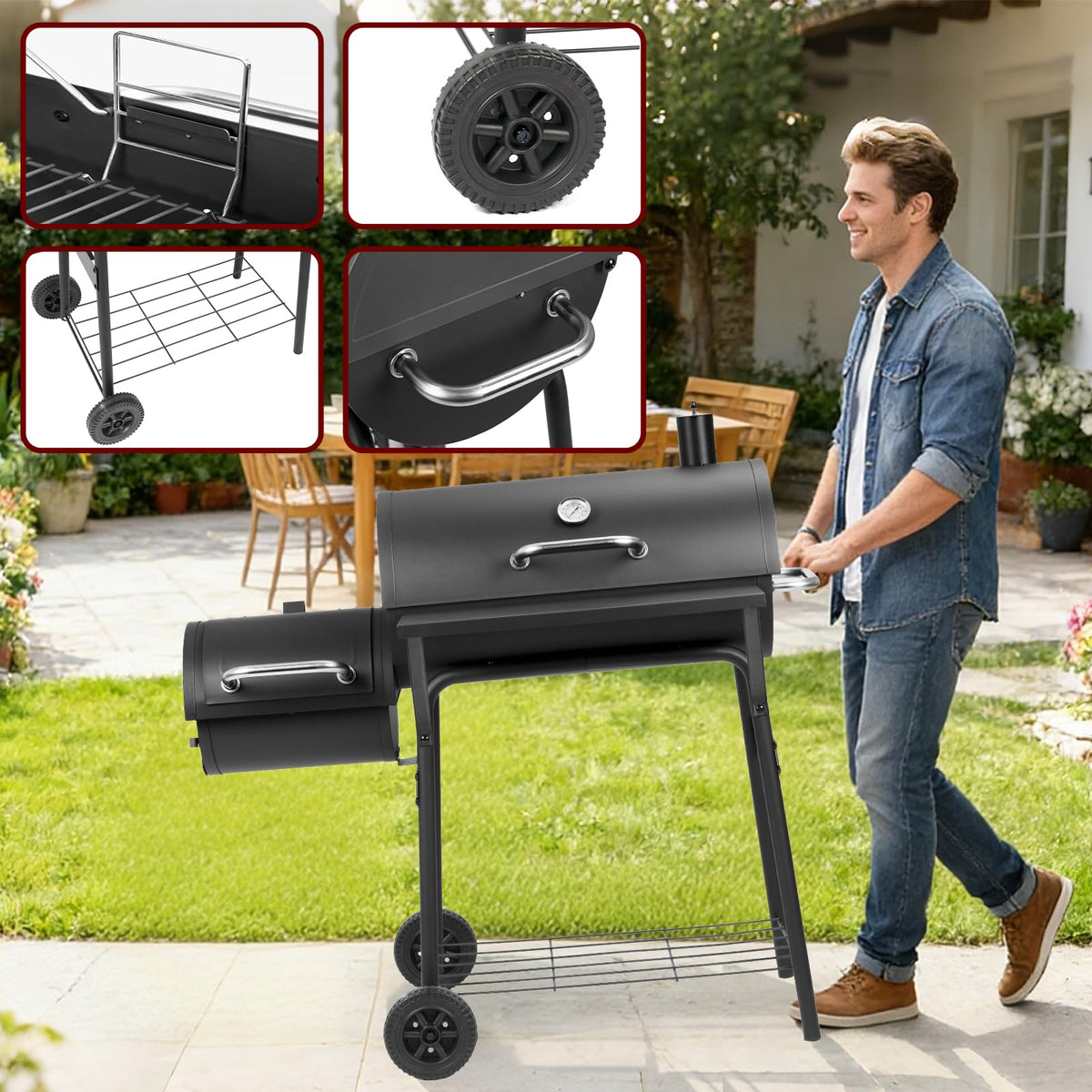 DNKMOR grill on wheels for effortless patio repositioning.