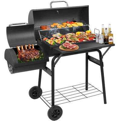 DNKMOR offset smoker grill with side table for easy prep.