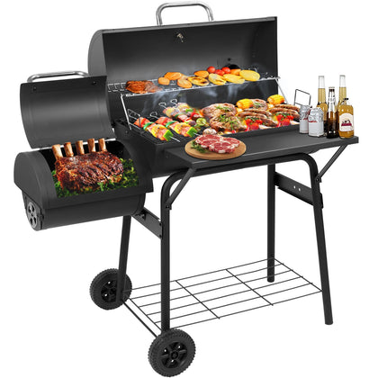 DNKMOR offset smoker grill with side table for easy prep.
