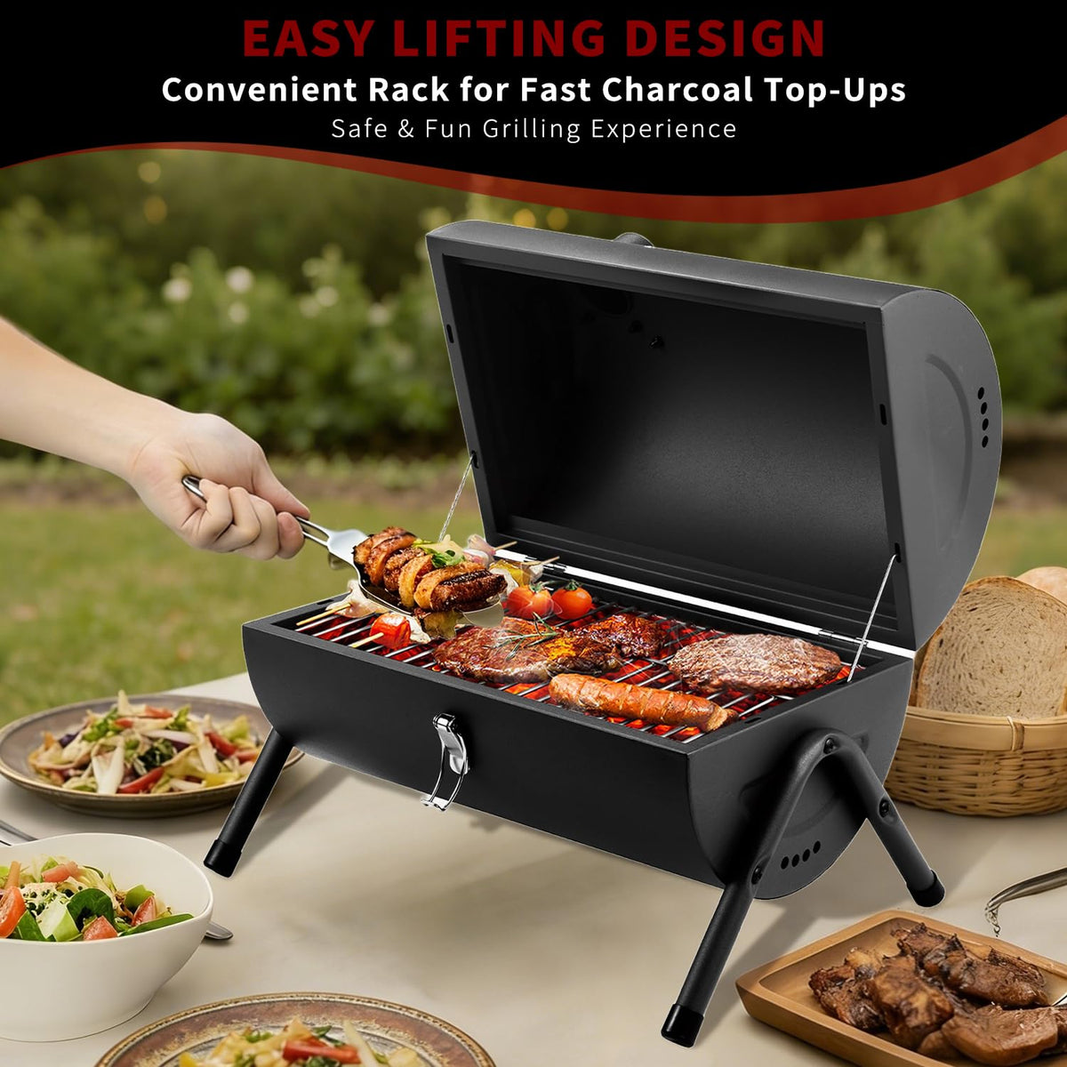 DNKMOR grill with lid locked demonstrates secure transport and mess-free setup.