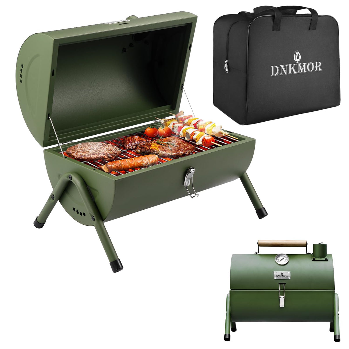 DNKMOR portable charcoal grill shown in action, ideal for backyard gatherings.