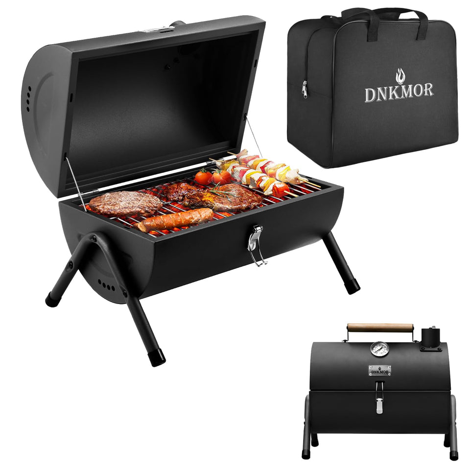 DNKMOR portable charcoal grill top view showing compact design and spacious cooking space.