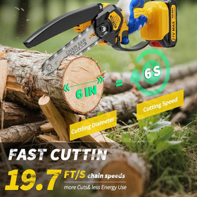 DNLBBO 6-inch cordless chainsaw cutting small logs for DIY projects.