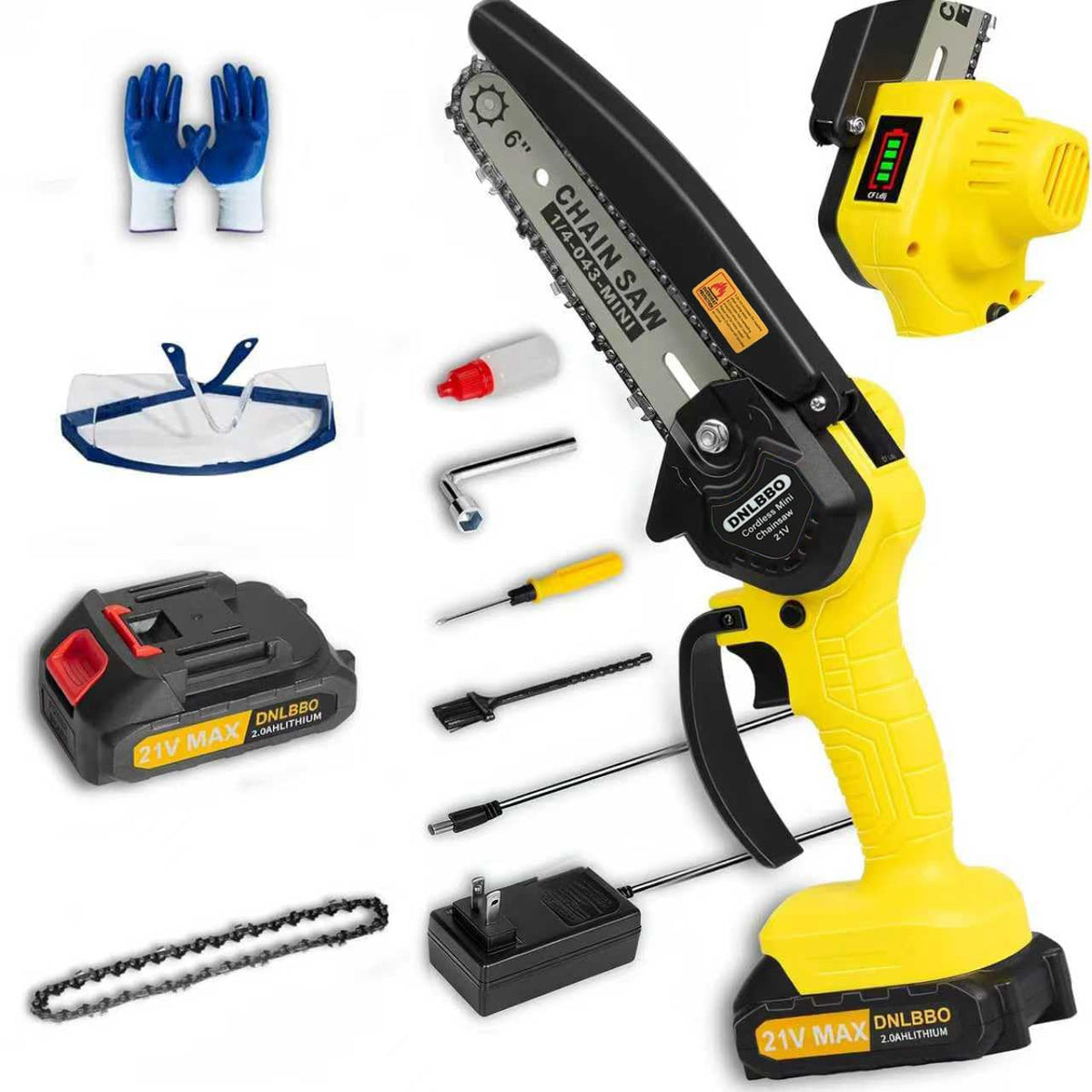 DNLBBO mini chainsaw 6-inch cordless with power display for quick cutting tasks.