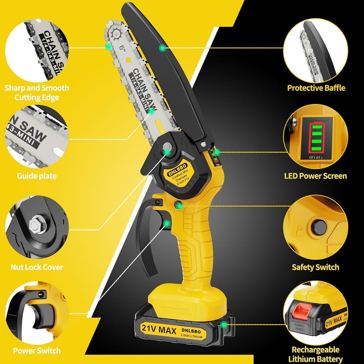 DNLBBO mini chainsaw safety features guard against accidental starts during use.