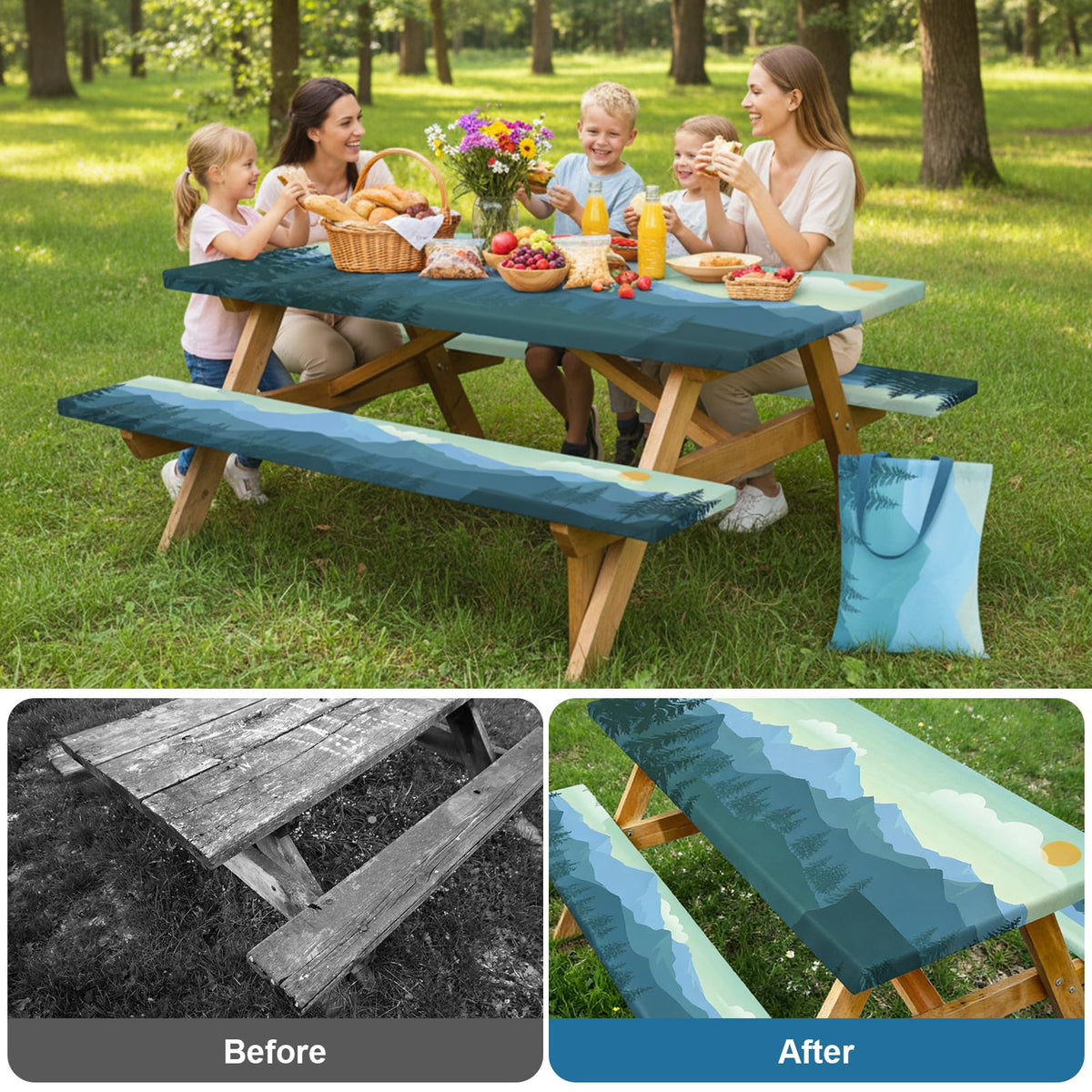Dntorx bench covers on 72in benches create a tidy, weather-ready seating area.
