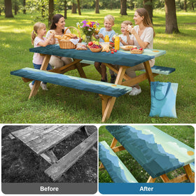 Dntorx bench covers on 72in benches create a tidy, weather-ready seating area.