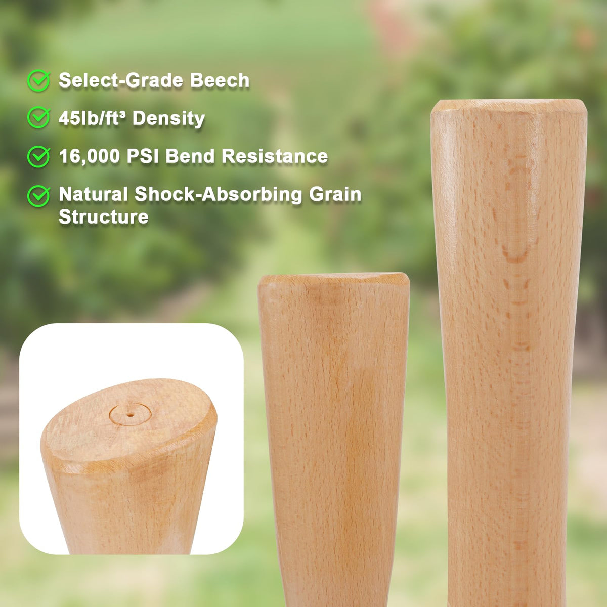 Docik beech wood pick handle demonstrates high density and shock absorption for tough digging