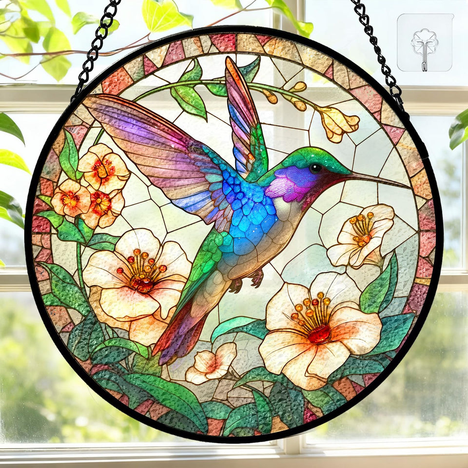DOCRAGI 7.8-inch stained glass hummingbird sun catcher brightens windows with colorful light