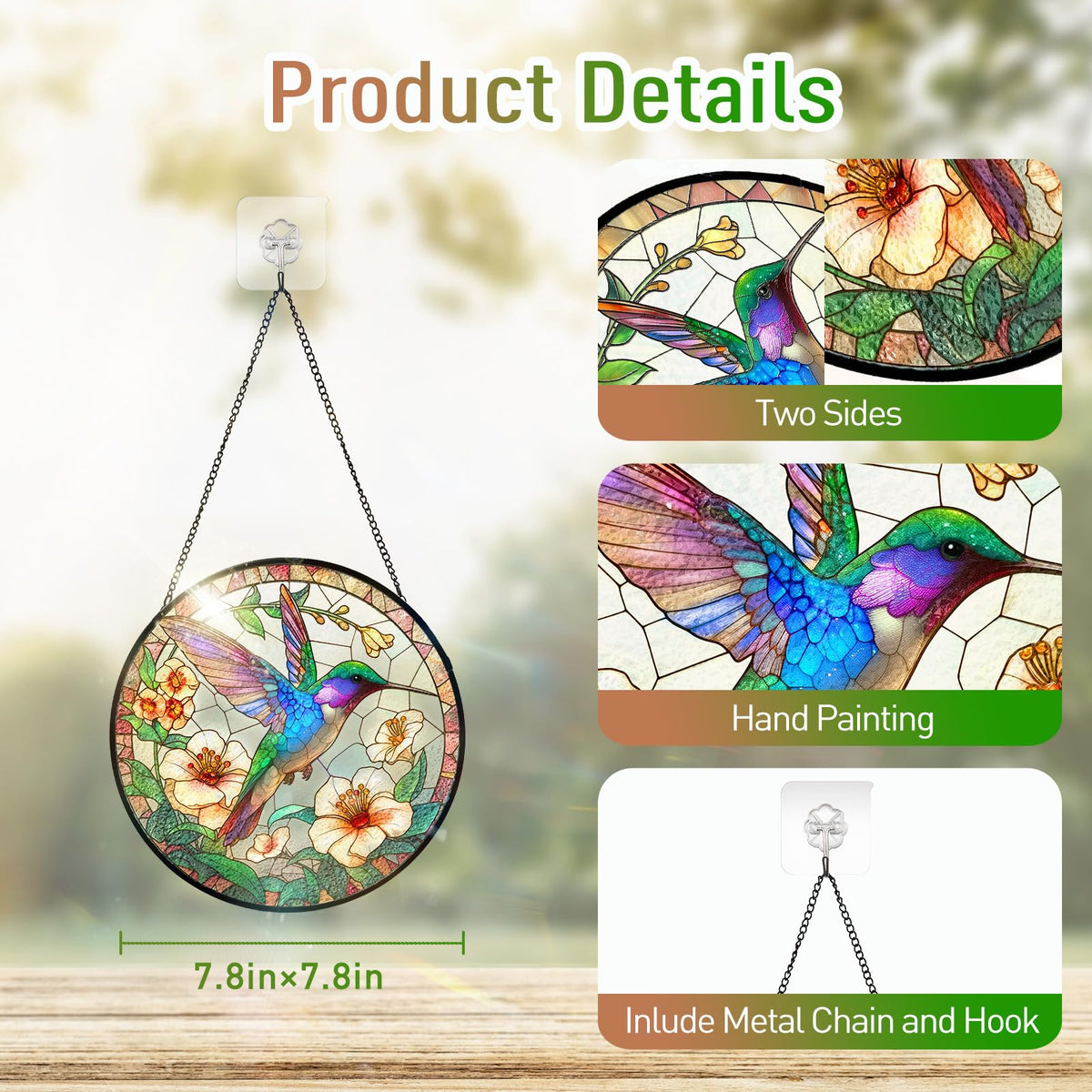 DOCRAGI double-sided glass hummingbird sun catcher shows color from any angle
