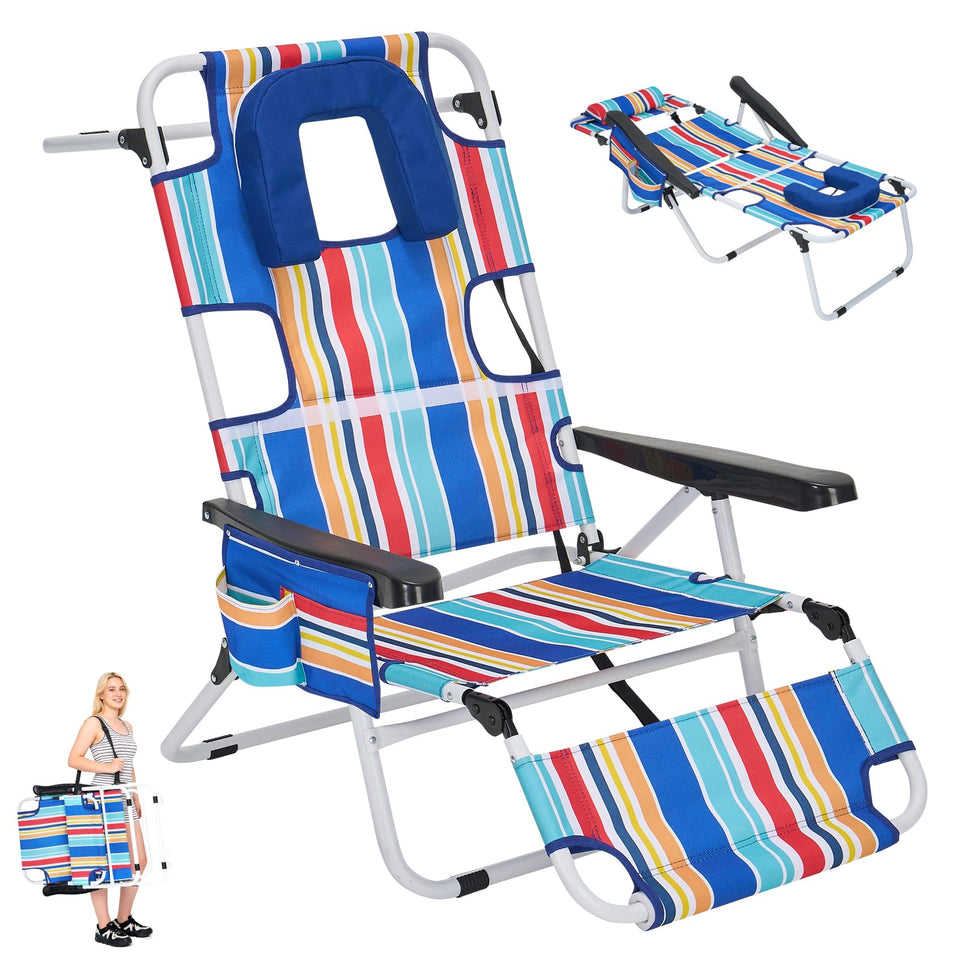 DoCred 5-position folding beach chair with face hole; ideal for prone sunbathing on the sand.