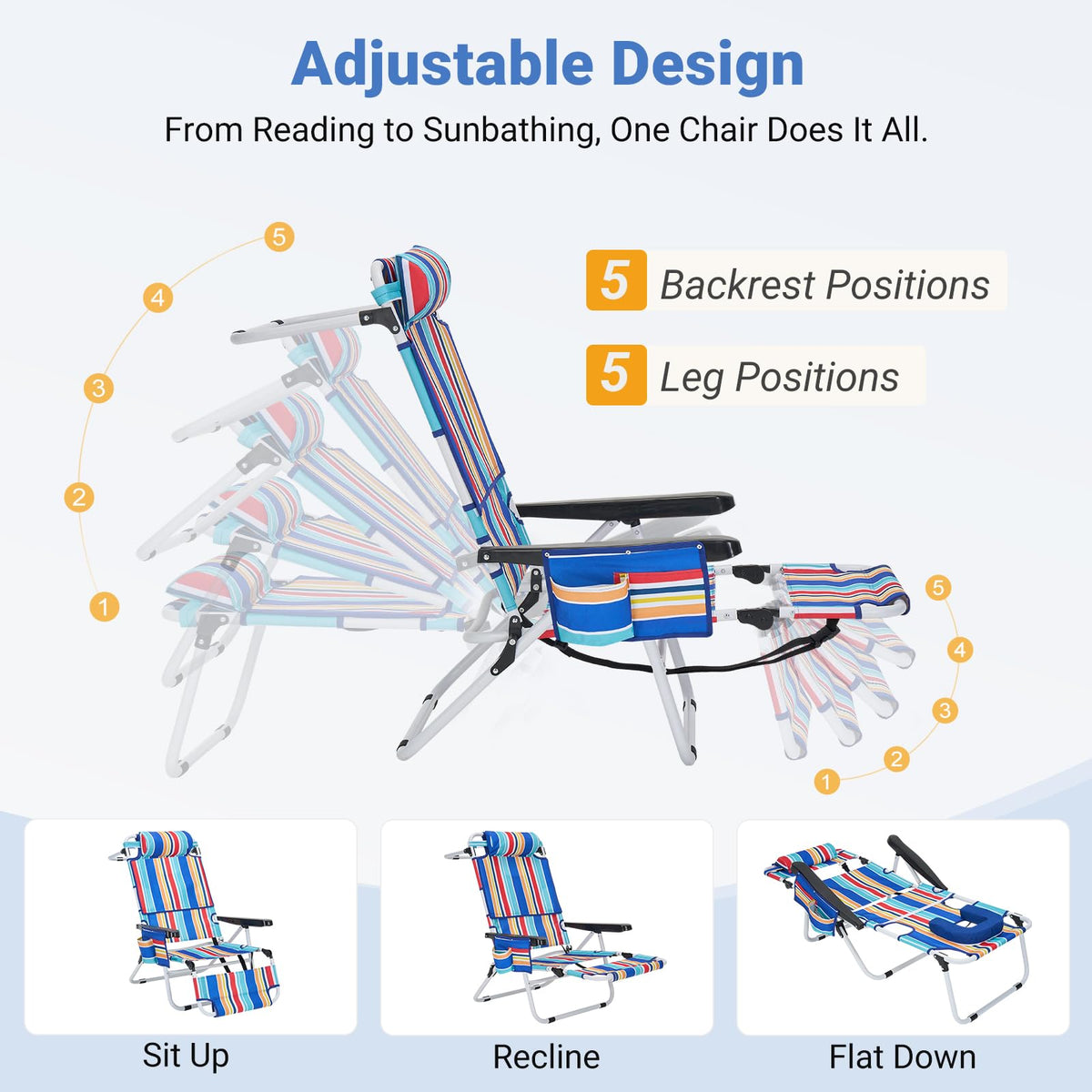 DoCred chair length supports full-body relaxation during portable beach setups.