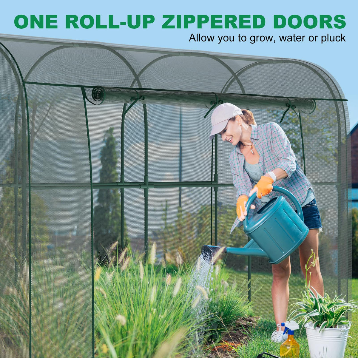 DoCred crop cage walk-in door enables easy access for gardening tasks
