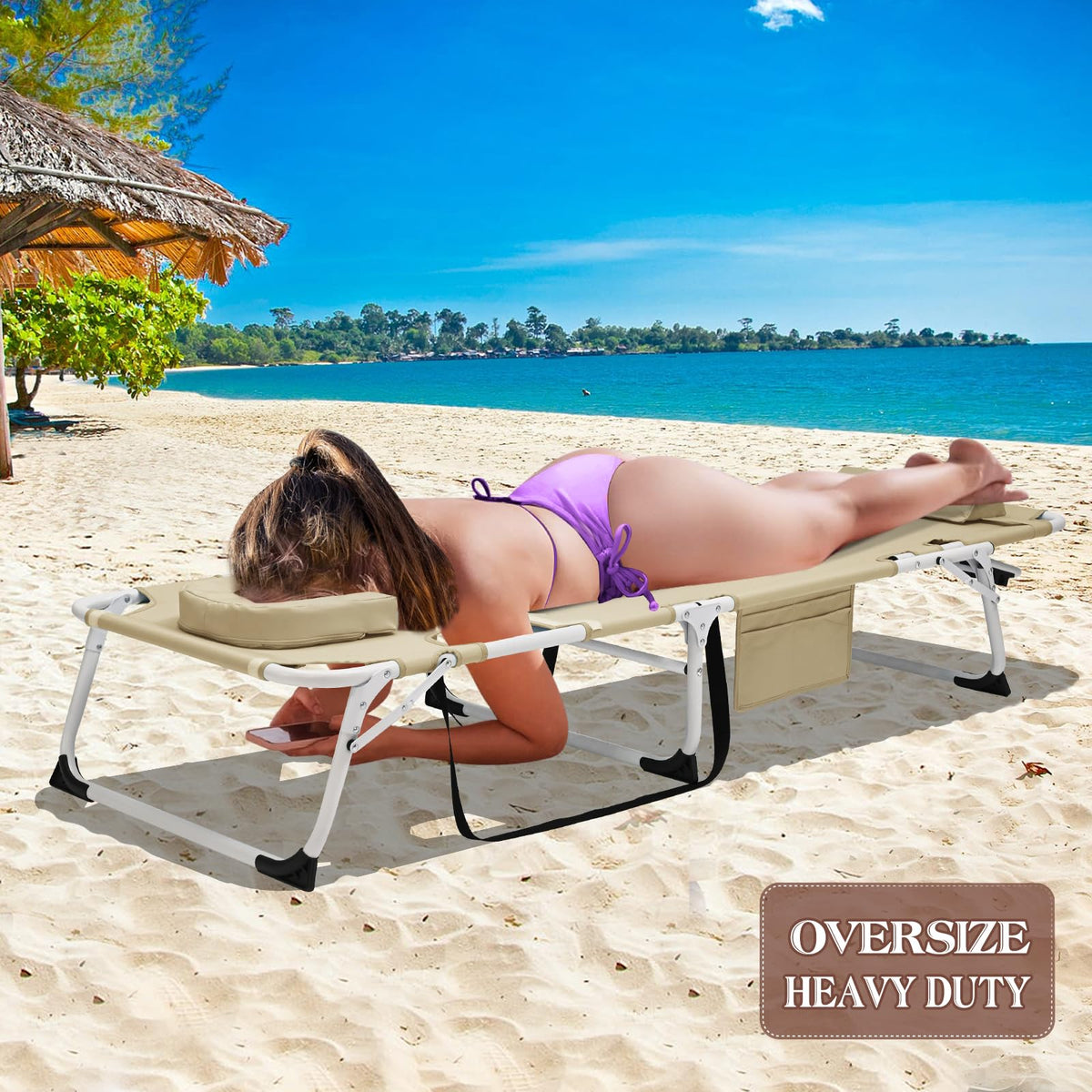 DoCred tanning chair face hole closed, ready for alternate lounging position.