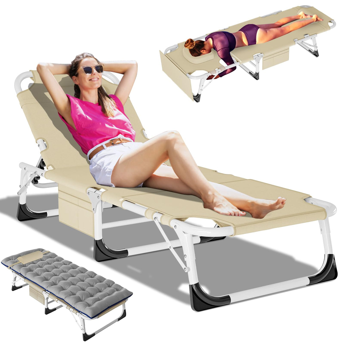 DoCred heavy-duty XXL tanning chair with face hole open for sunbathing outdoors.