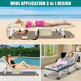 DoCred tanning chair set outdoors by a pool on a sunny day.