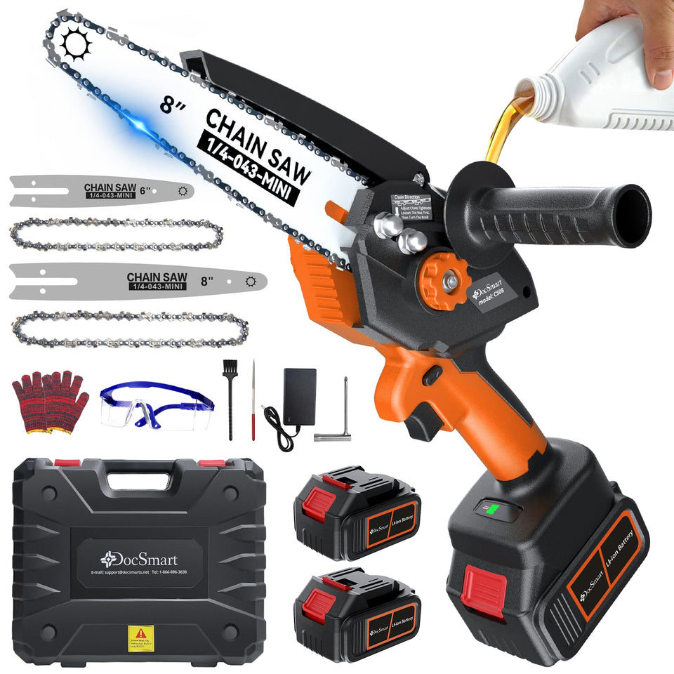 DocSmart electric mini chainsaw in action for efficient pruning and clean cuts