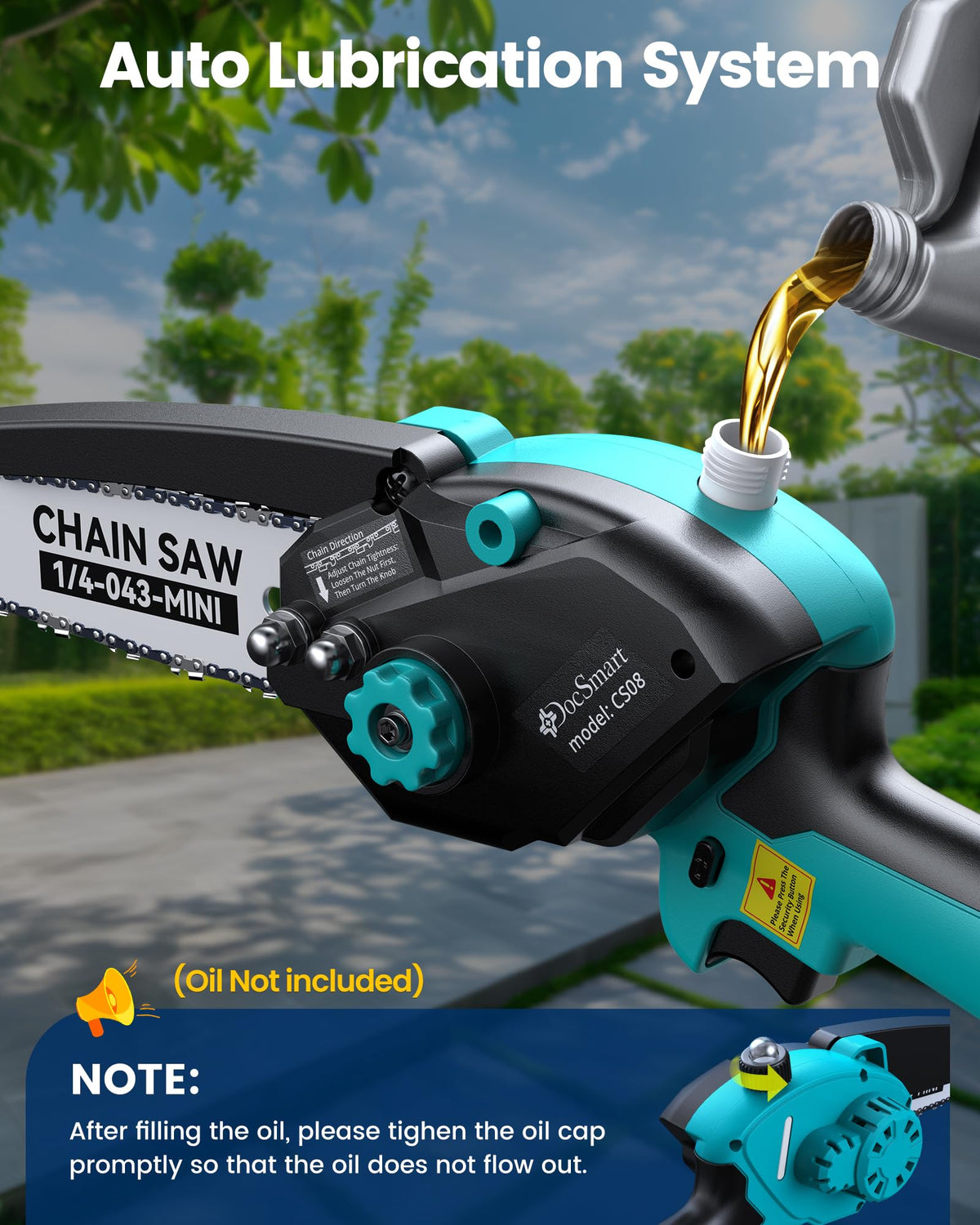 DocSmart auto-oiler system lubricates the chain for consistent cutting.