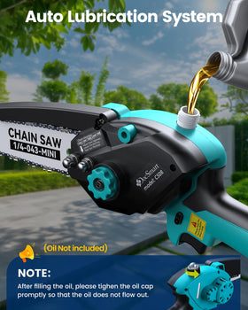 DocSmart auto-oiler system lubricates the chain for consistent cutting.