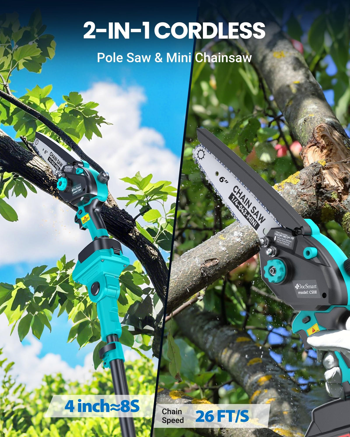 DocSmart pole saw rotatable head enables angled cuts without a ladder.