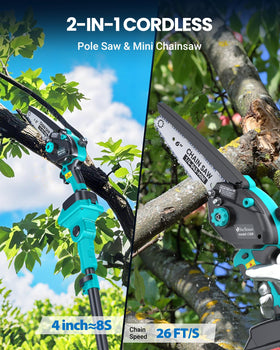 DocSmart pole saw rotatable head enables angled cuts without a ladder.