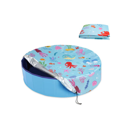 Docuwee round pool cover with ocean pattern protecting a 32 inch pool from debris