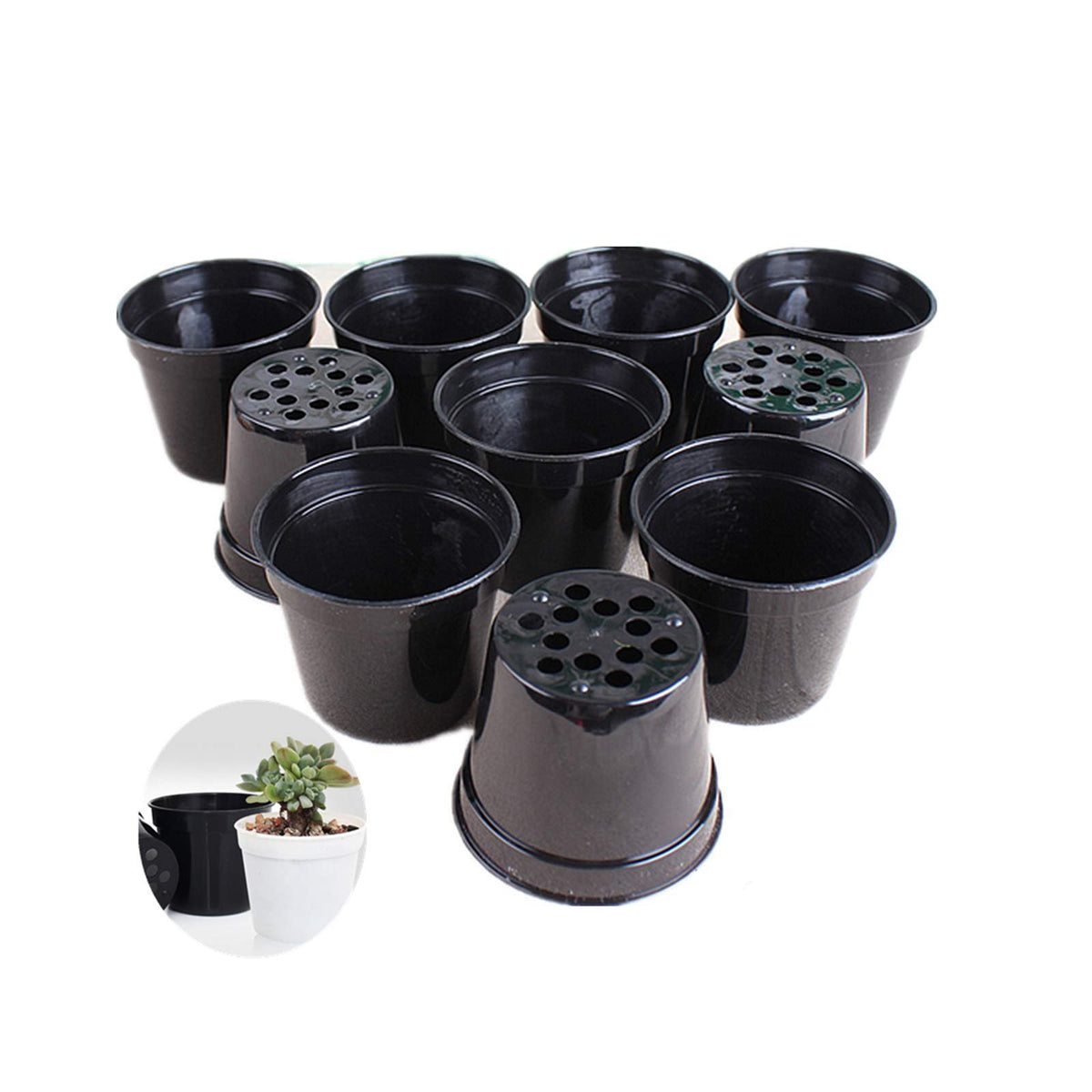 DODXIAOBEUL round succulent pot close-up, durable black plastic for seeds and seedlings.