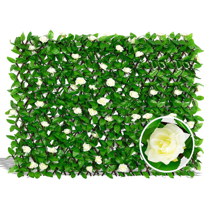 DOEWORKS Expandable Fence Privacy Screen close-up with ivy leaves for natural balcony backdrop