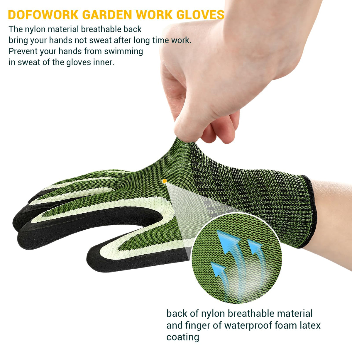 DOFOWORK latex-coated palm provides secure grip in wet or greasy conditions