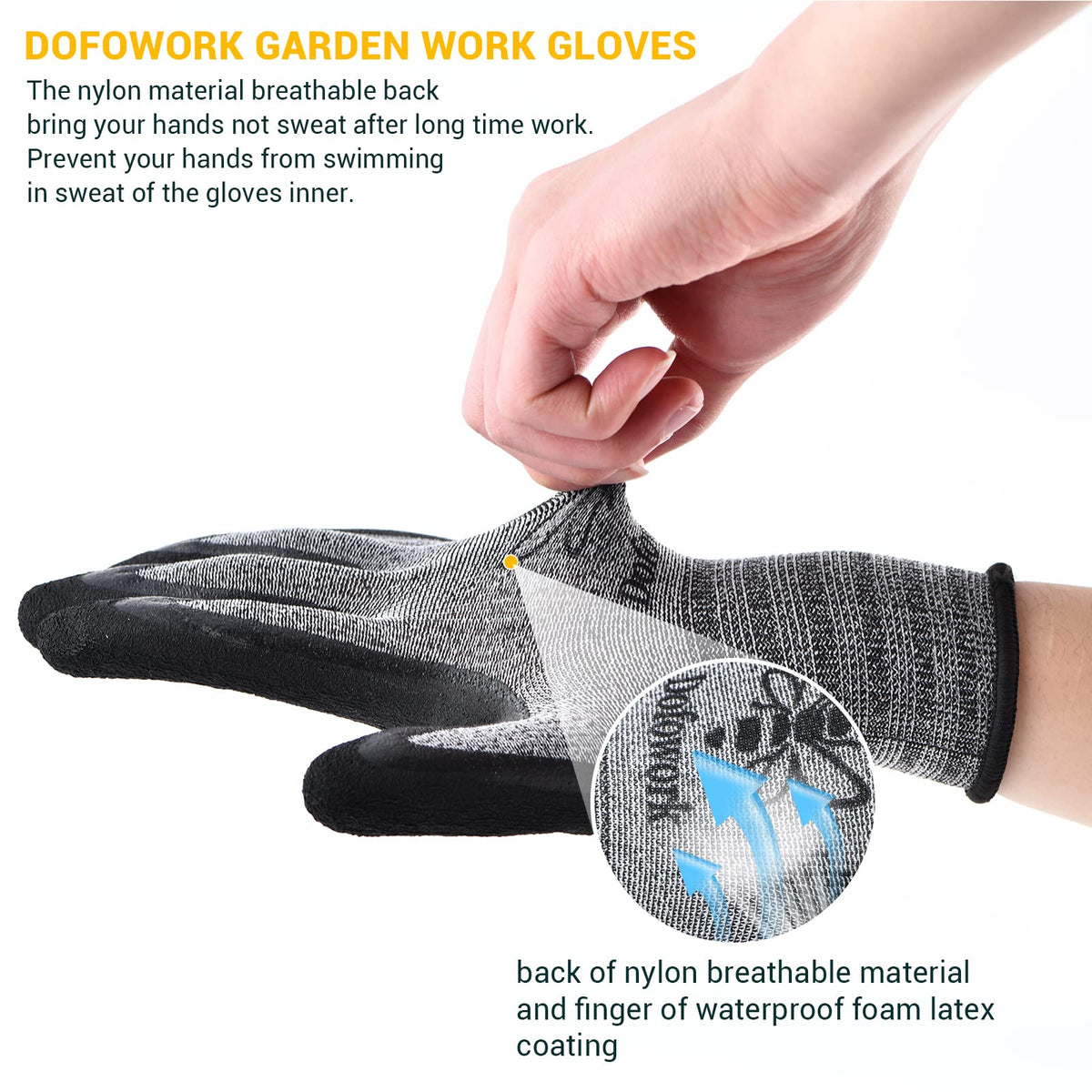 DOFOWORK latex palm coating provides secure grip in wet conditions
